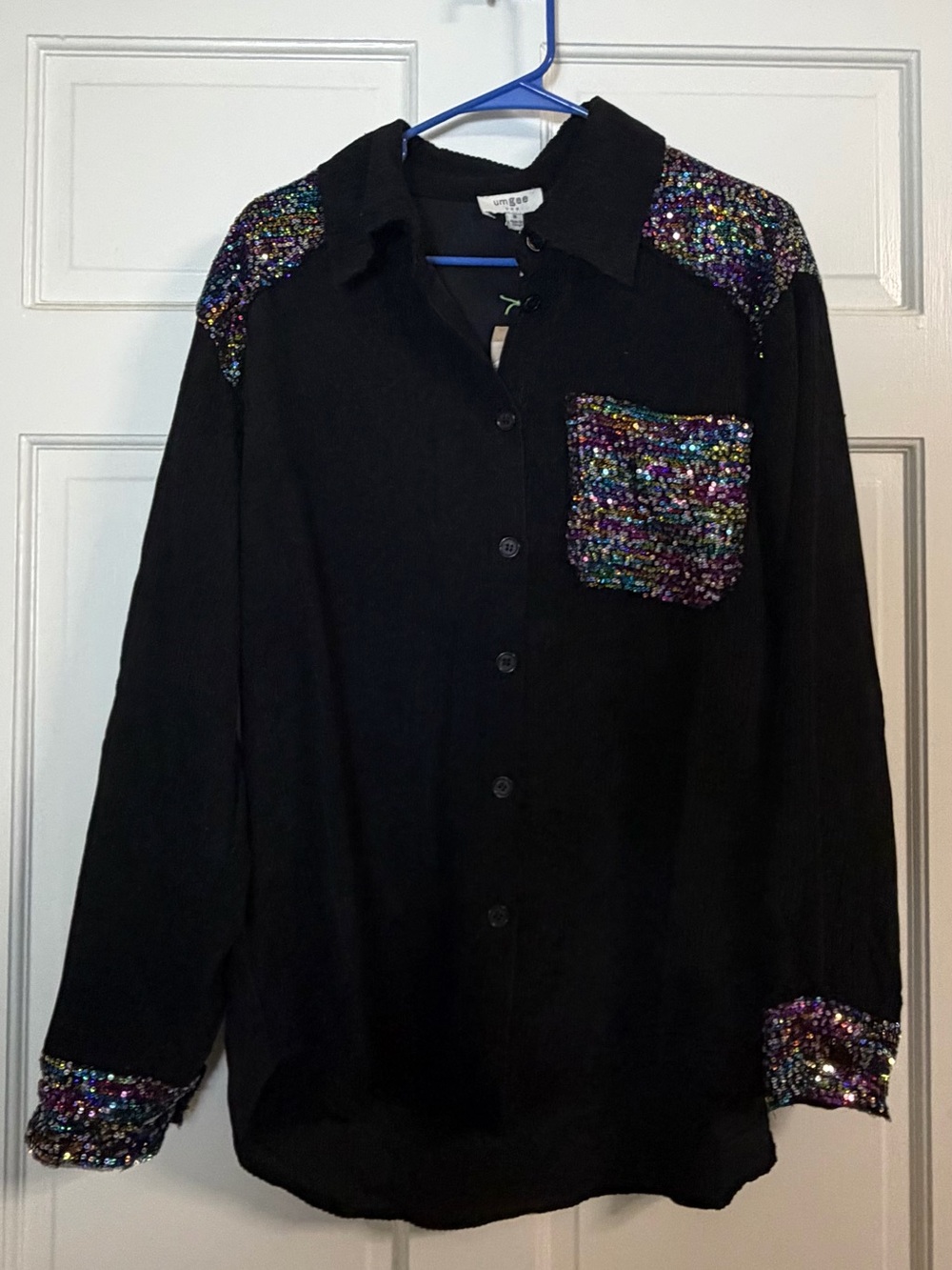Umgee Black Button-Up Shirt with Multicolor Sequin Accents nwt med
